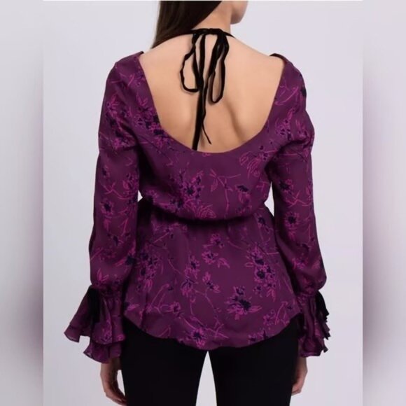 CINQ A SEPT Size Medium MABEL PURPLE FLORAL SILK BLACK VELVET RUFFLE BLOUSE TOP - Picture 4 of 16